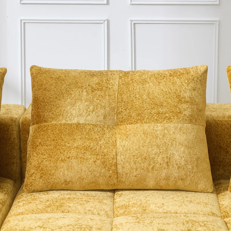Canapé d'angle 3 places en chenille jaune moutard avec meridienne et portes-gobelets 258 cm CASCADEQUAZZ
