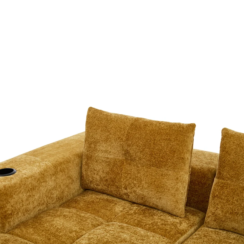 Canapé d'angle 3 places en chenille jaune moutard avec meridienne et portes-gobelets 258 cm CASCADEQUAZZ