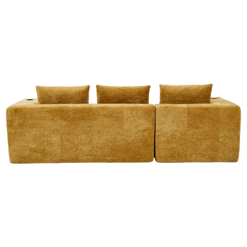 Canapé d'angle 3 places en chenille jaune moutard avec meridienne et portes-gobelets 258 cm CASCADEQUAZZ