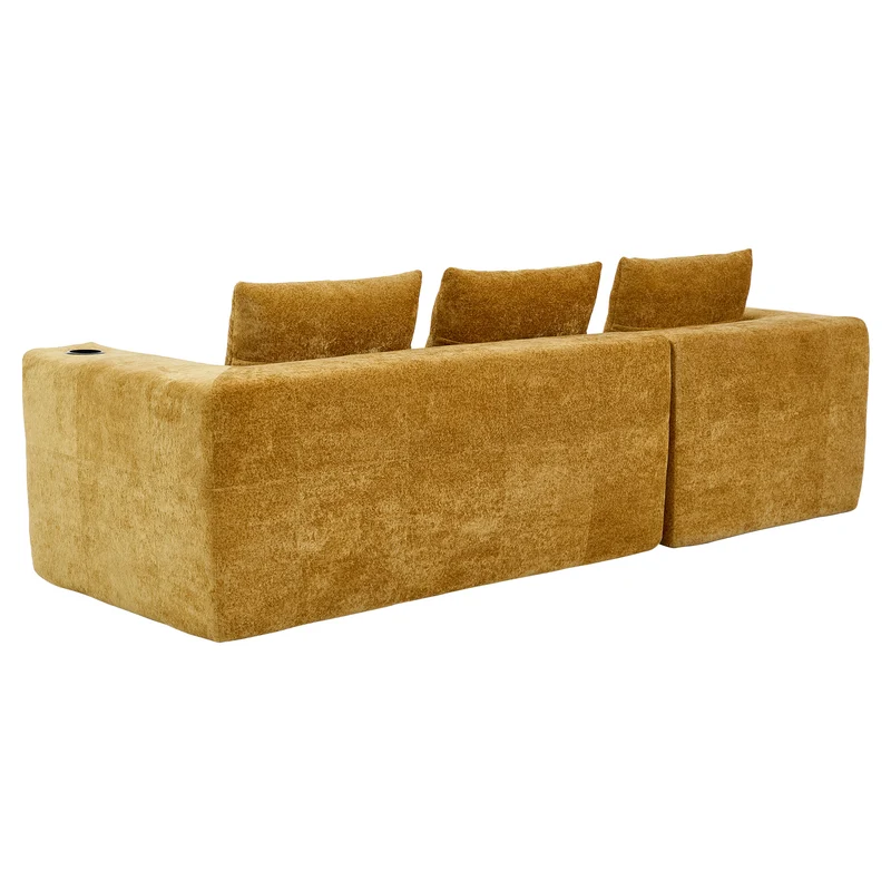 Canapé d'angle 3 places en chenille jaune moutard avec meridienne et portes-gobelets 258 cm CASCADEQUAZZ