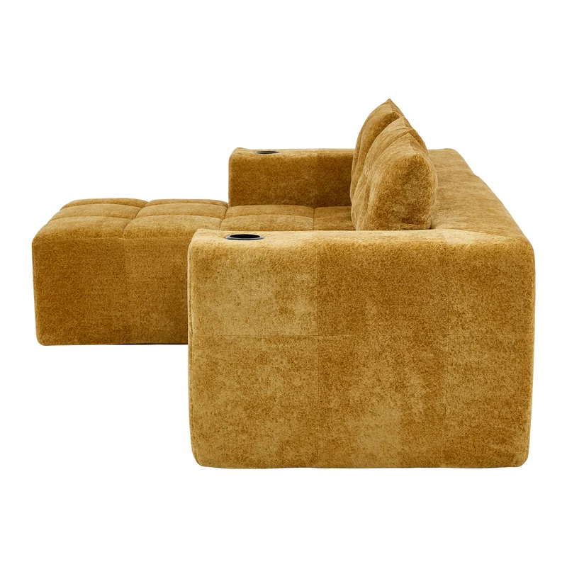Canapé d'angle 3 places en chenille jaune moutard avec meridienne et portes-gobelets 258 cm CASCADEQUAZZ