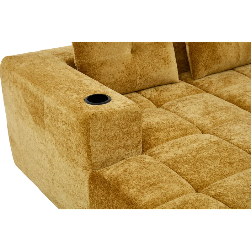 Canapé d'angle 3 places en chenille jaune moutard avec meridienne et portes-gobelets 258 cm CASCADEQUAZZ