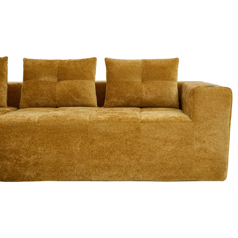 Canapé d'angle 3 places en chenille jaune moutard avec meridienne et portes-gobelets 258 cm CASCADEQUAZZ