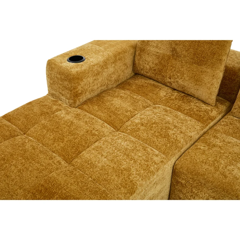 Canapé d'angle 3 places en chenille jaune moutard avec meridienne et portes-gobelets 258 cm CASCADEQUAZZ