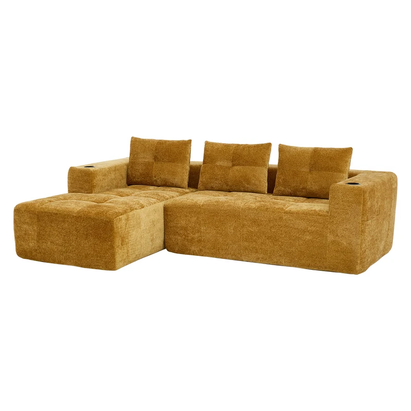 Canapé d'angle 3 places en chenille jaune moutard avec meridienne et portes-gobelets 258 cm CASCADEQUAZZ