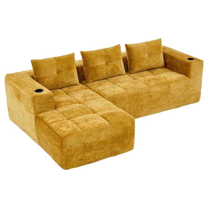 Canapé d'angle 3 places en chenille jaune moutard avec meridienne et portes-gobelets 258 cm CASCADEQUAZZ