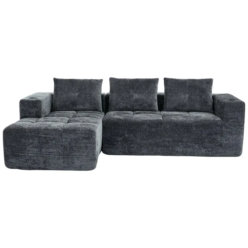 Canapé d'angle 3 places en chenille gris anthracite avec meridienne et portes-gobelets 258 cm CASCADENEXXX