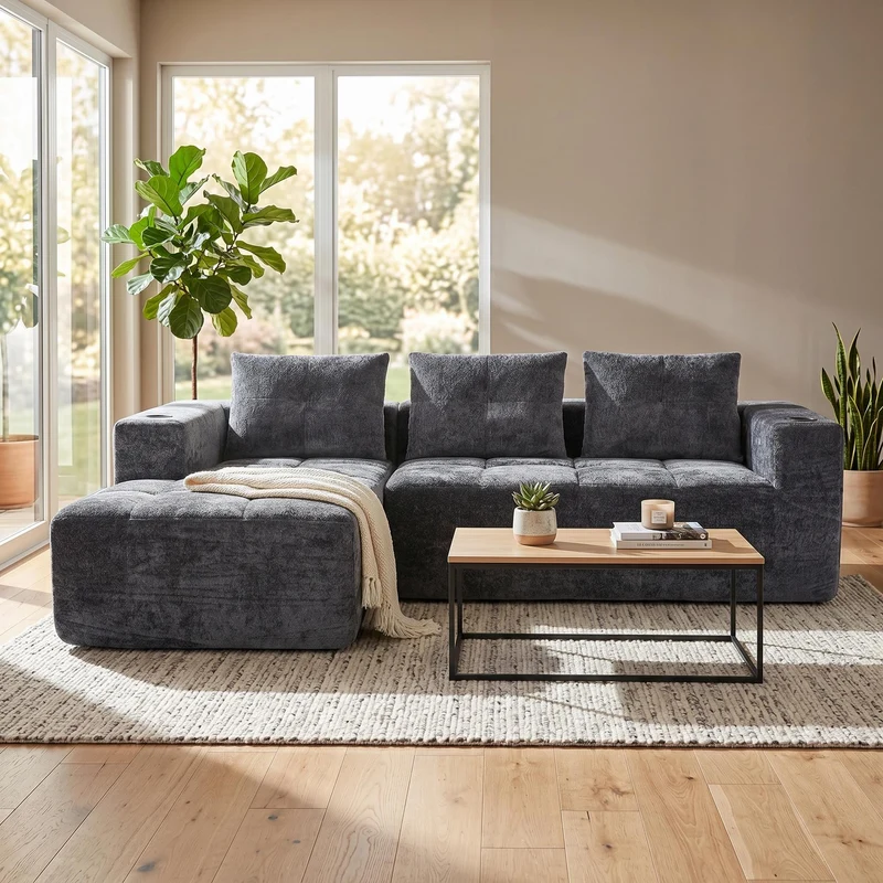 Canapé d'angle 3 places en chenille gris anthracite avec meridienne et portes-gobelets 258 cm CASCADENEXXX