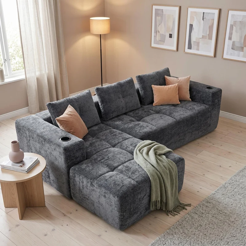 Canapé d'angle 3 places en chenille gris anthracite avec meridienne et portes-gobelets 258 cm CASCADENEXXX