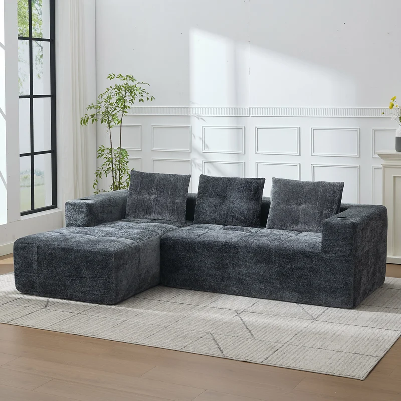 Canapé d'angle 3 places en chenille gris anthracite avec meridienne et portes-gobelets 258 cm CASCADENEXXX
