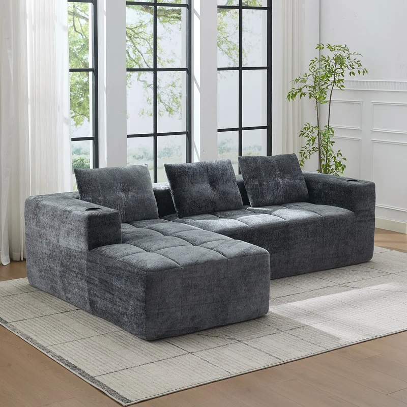 Canapé d'angle 3 places en chenille gris anthracite avec meridienne et portes-gobelets 258 cm CASCADENEXXX