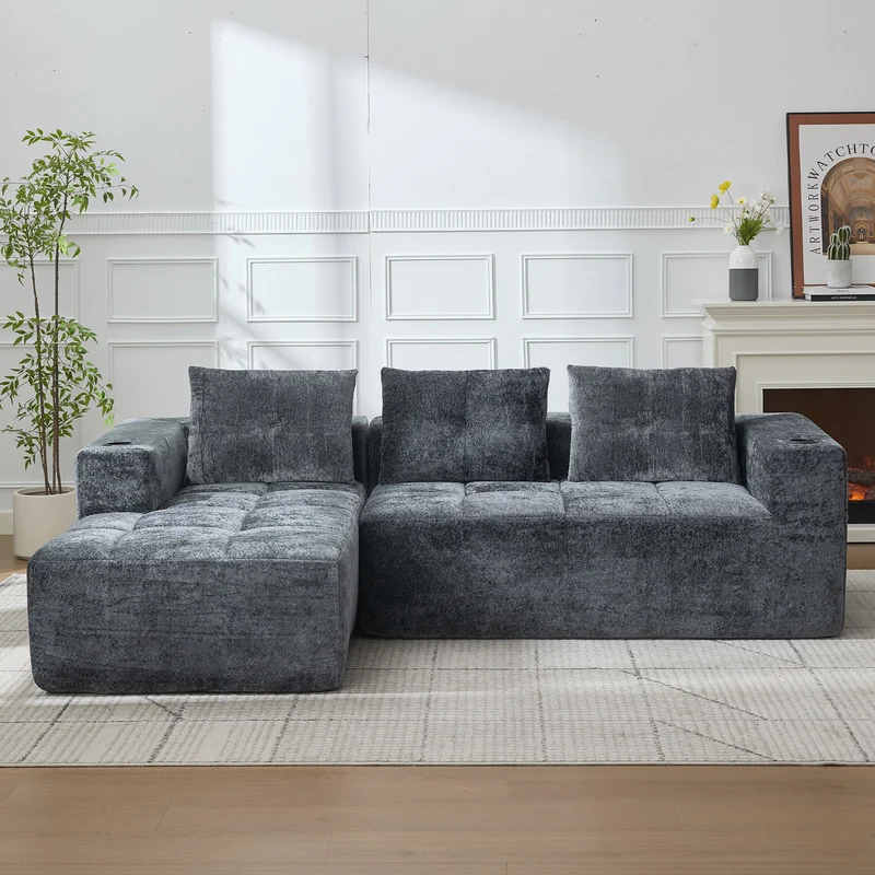 Canapé d'angle 3 places en chenille gris anthracite avec meridienne et portes-gobelets 258 cm CASCADENEXXX