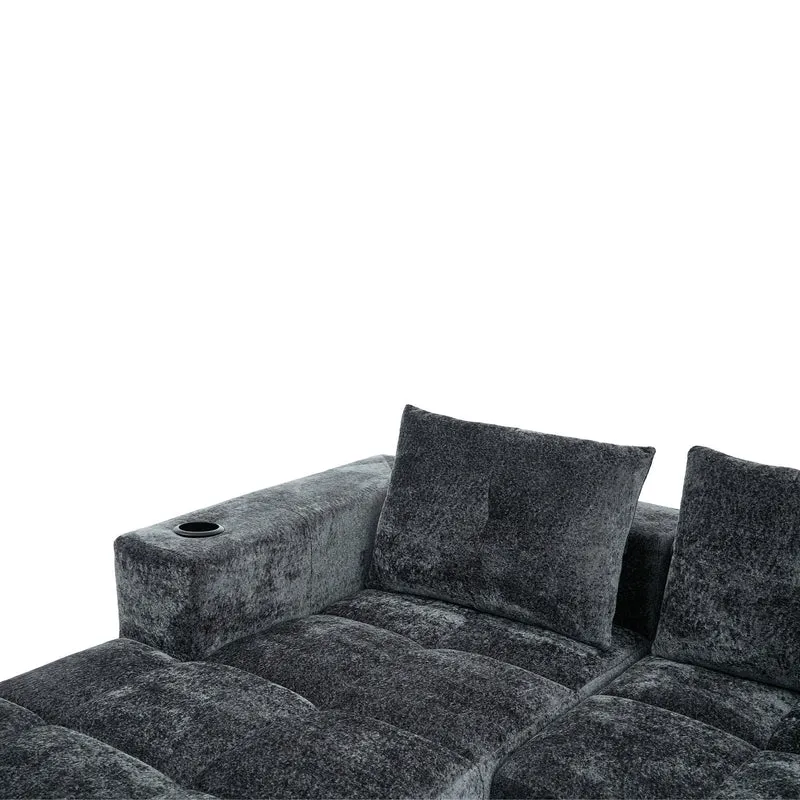 Canapé d'angle 3 places en chenille gris anthracite avec meridienne et portes-gobelets 258 cm CASCADENEXXX