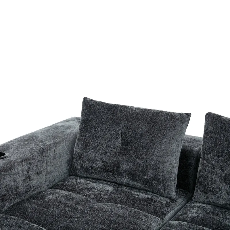 Canapé d'angle 3 places en chenille gris anthracite avec meridienne et portes-gobelets 258 cm CASCADENEXXX