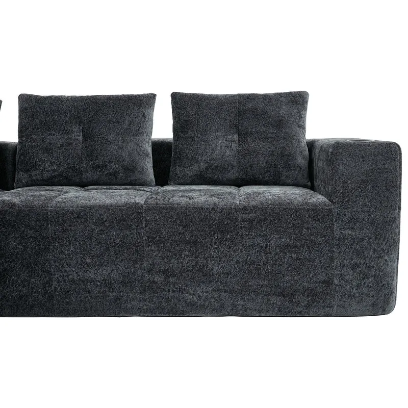 Canapé d'angle 3 places en chenille gris anthracite avec meridienne et portes-gobelets 258 cm CASCADENEXXX