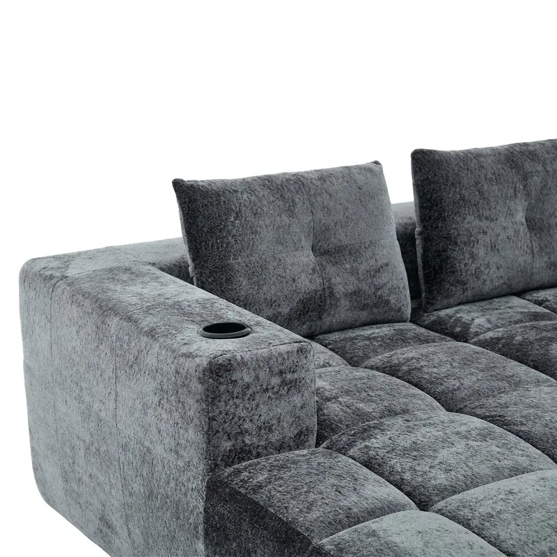 Canapé d'angle 3 places en chenille gris anthracite avec meridienne et portes-gobelets 258 cm CASCADENEXXX