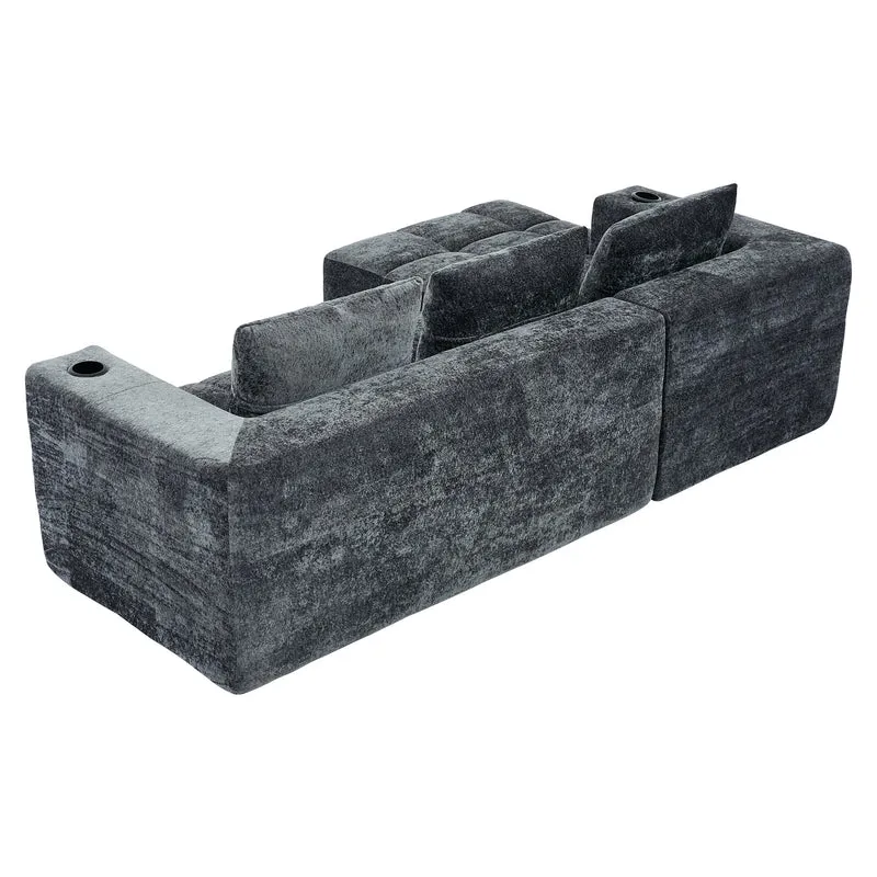 Canapé d'angle 3 places en chenille gris anthracite avec meridienne et portes-gobelets 258 cm CASCADENEXXX