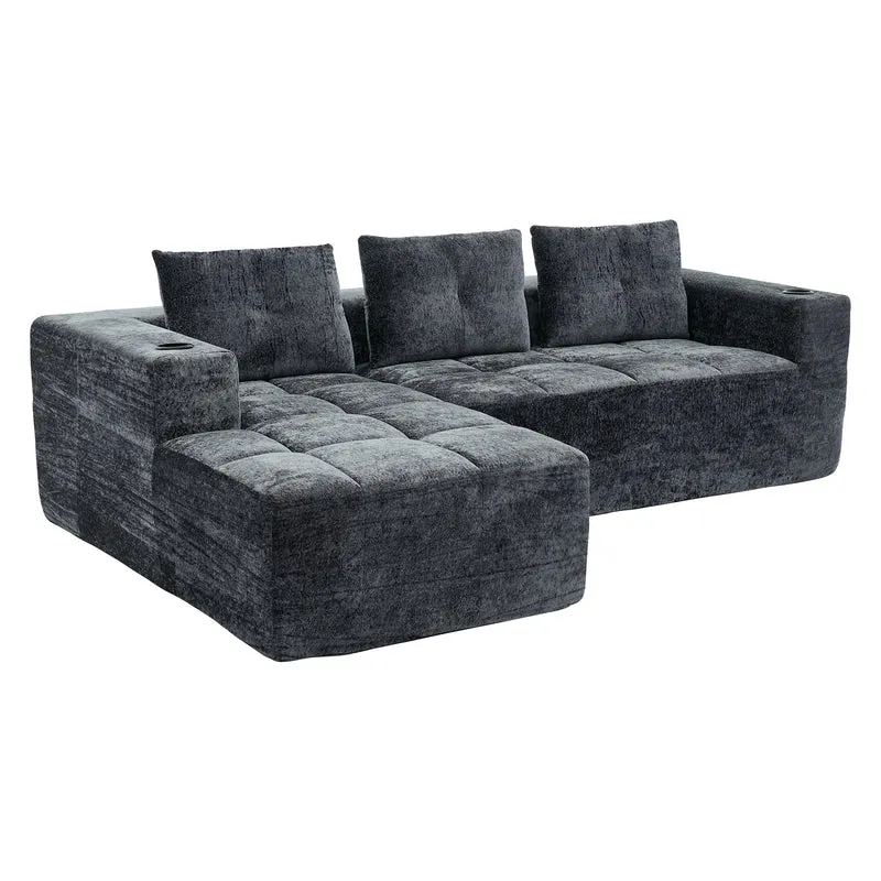 Canapé d'angle 3 places en chenille gris anthracite avec meridienne et portes-gobelets 258 cm CASCADENEXXX