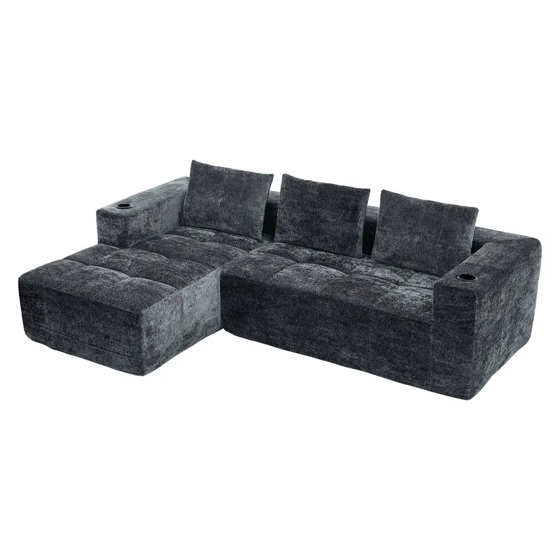 Canapé d'angle 3 places en chenille gris anthracite avec meridienne et portes-gobelets 258 cm CASCADENEXXX