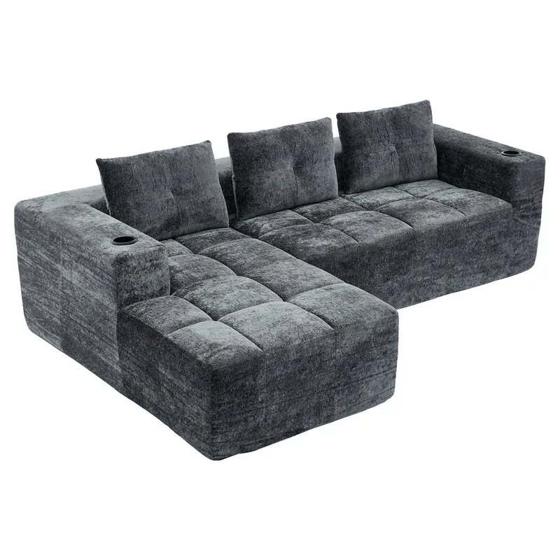 Canapé d'angle 3 places en chenille gris anthracite avec meridienne et portes-gobelets 258 cm CASCADENEXXX