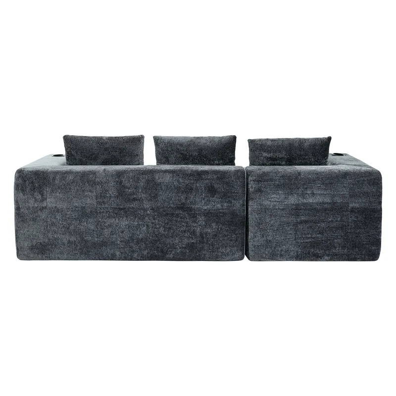 Canapé d'angle 3 places en chenille gris anthracite avec meridienne et portes-gobelets 258 cm CASCADENEXXX