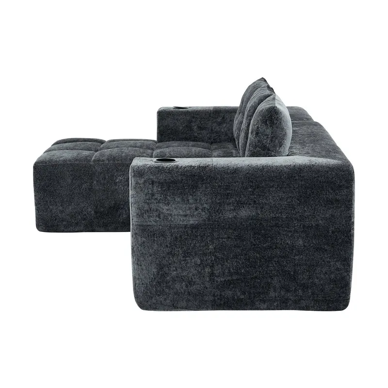 Canapé d'angle 3 places en chenille gris anthracite avec meridienne et portes-gobelets 258 cm CASCADENEXXX