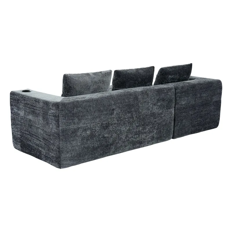 Canapé d'angle 3 places en chenille gris anthracite avec meridienne et portes-gobelets 258 cm CASCADENEXXX