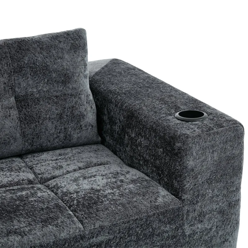 Canapé d'angle 3 places en chenille gris anthracite avec meridienne et portes-gobelets 258 cm CASCADENEXXX