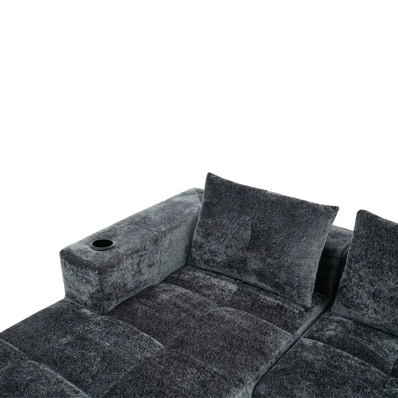 Canapé d'angle 3 places en chenille gris anthracite avec meridienne et portes-gobelets 258 cm CASCADENEXXX