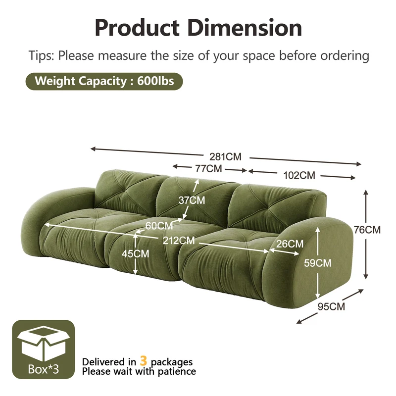 Canapé 3 places en chenille vert design articulé sans montage MOMENTUMVERTEXXX