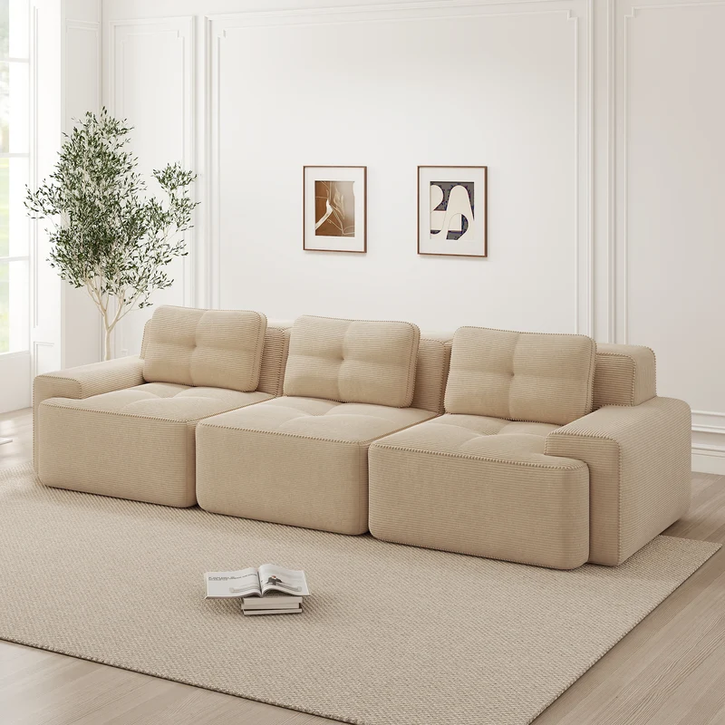 Canapé d'angle modulable 3 places en velours côtelé beige, sans montage MOMENTUMNEXUSA