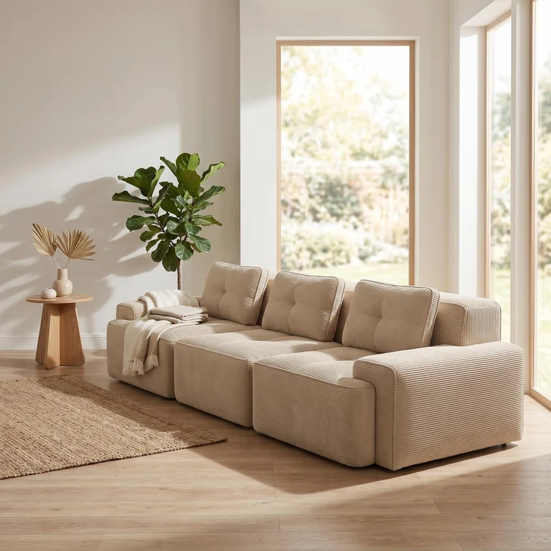Canapé d'angle modulable 3 places en velours côtelé beige, sans montage MOMENTUMNEXUSA