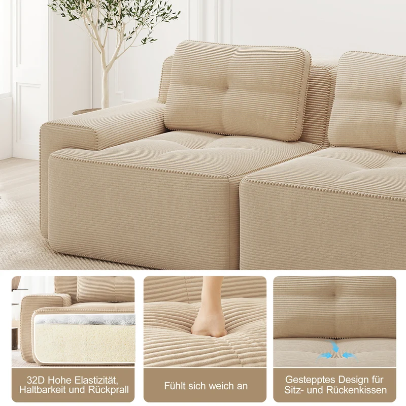 Canapé d'angle modulable 3 places en velours côtelé beige, sans montage MOMENTUMNEXUSA