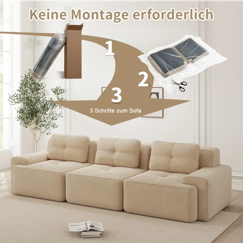 Canapé d'angle modulable 3 places en velours côtelé beige, sans montage MOMENTUMNEXUSA