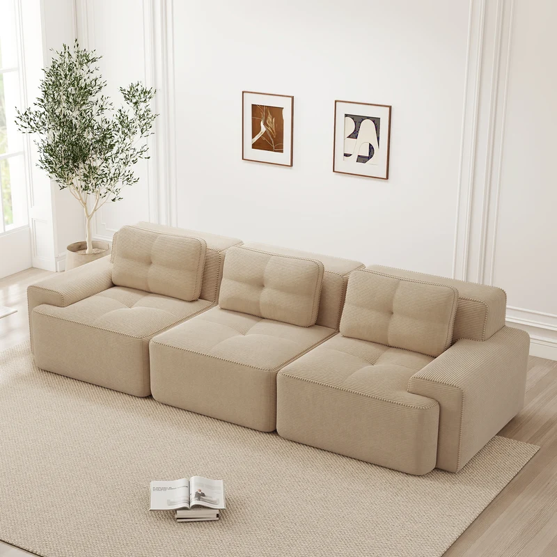 Canapé d'angle modulable 3 places en velours côtelé beige, sans montage MOMENTUMNEXUSA