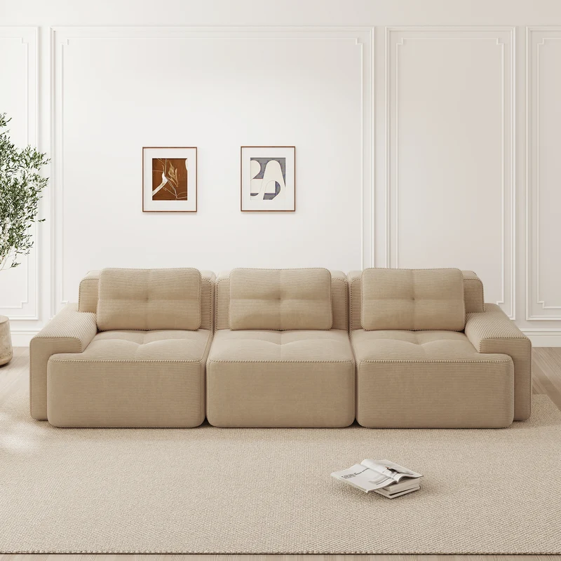 Canapé d'angle modulable 3 places en velours côtelé beige, sans montage MOMENTUMNEXUSA