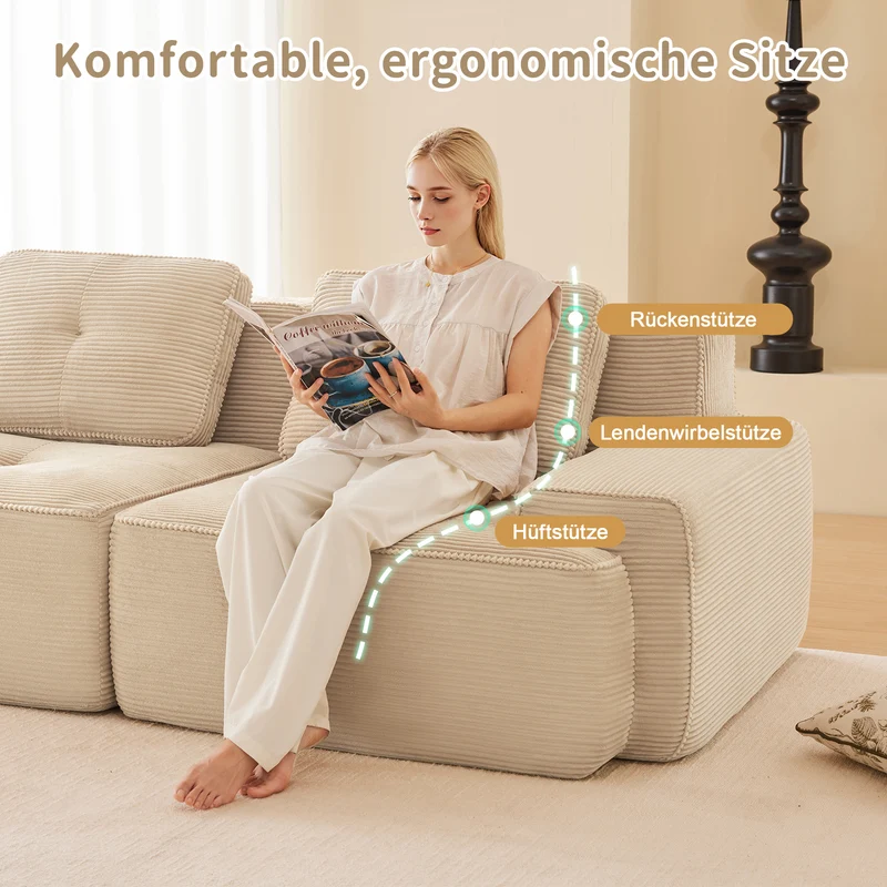 Canapé d'angle modulable 3 places en velours côtelé beige, sans montage MOMENTUMNEXUSA
