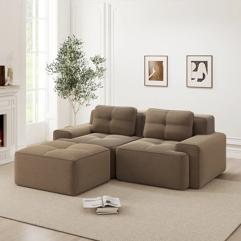 Canapé d'angle modulable en velours côtelé marron, grand confort, 204x177cm MOMENTUMNEXXX