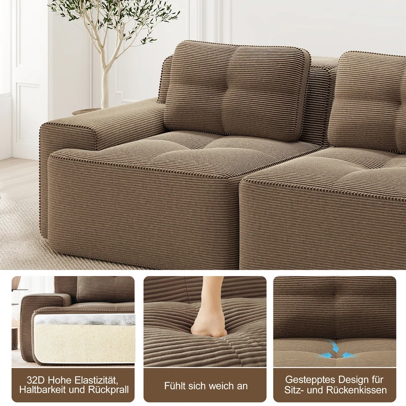 Canapé d'angle modulable en velours côtelé marron, grand confort, 204x177cm MOMENTUMNEXXX