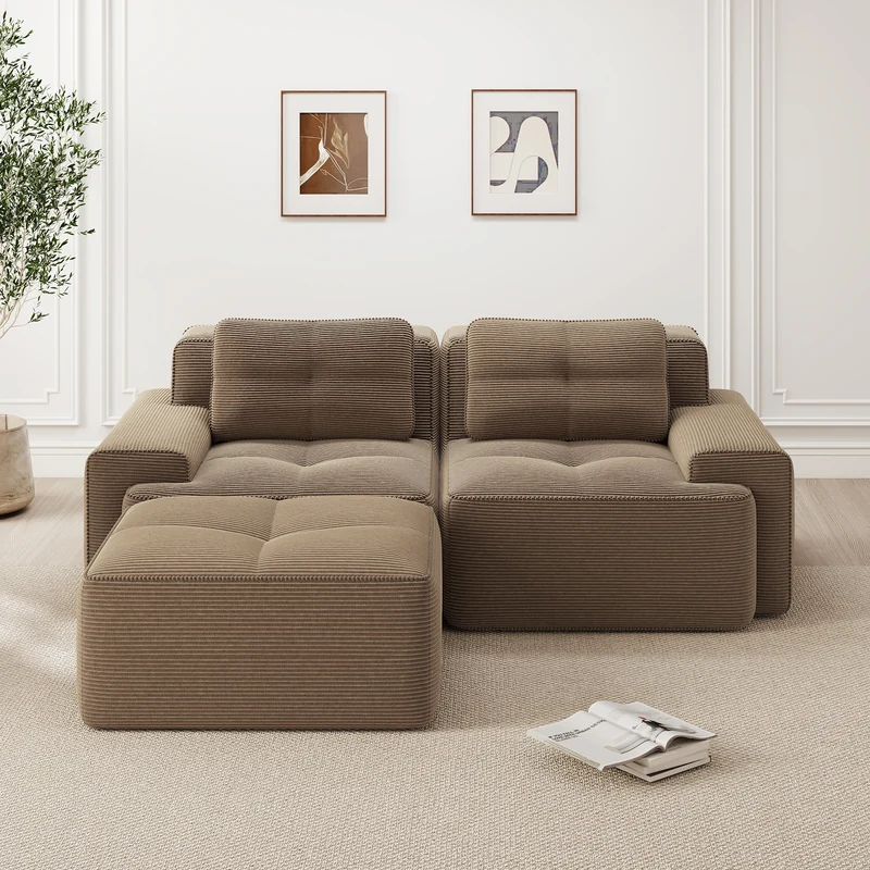 Canapé d'angle modulable en velours côtelé marron, grand confort, 204x177cm MOMENTUMNEXXX