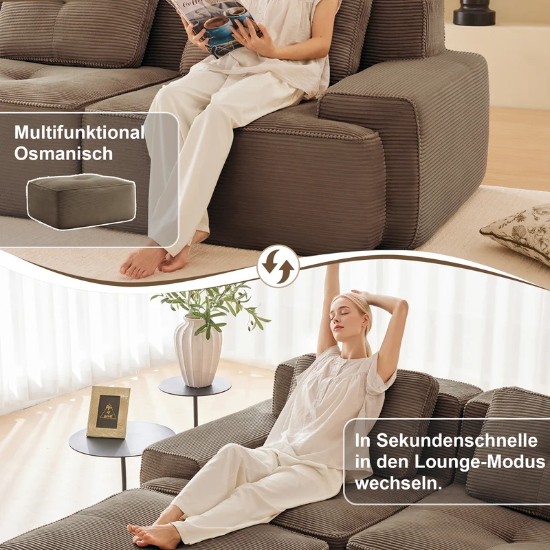 Canapé d'angle modulable en velours côtelé marron, grand confort, 204x177cm MOMENTUMNEXXX