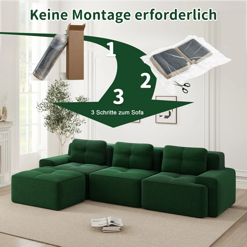 Canapé d'angle 3 places modulable en velours côtelé vert sans montage MOMENTUMVEXX