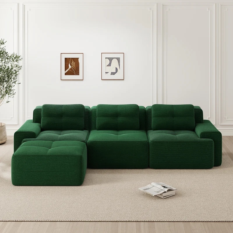 Canapé d'angle 3 places modulable en velours côtelé vert sans montage MOMENTUMVEXX