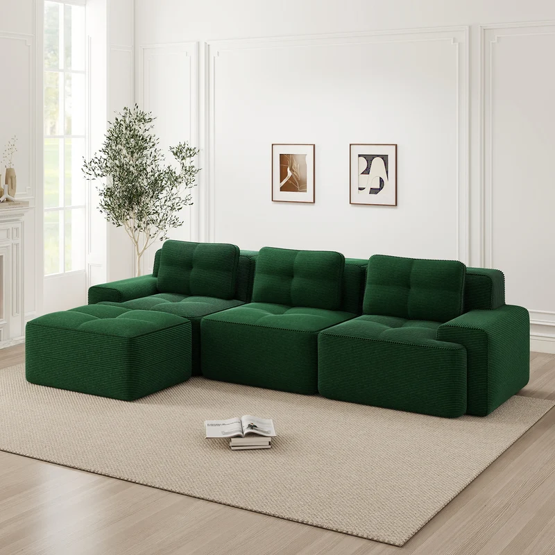 Canapé d'angle 3 places modulable en velours côtelé vert sans montage MOMENTUMVEXX