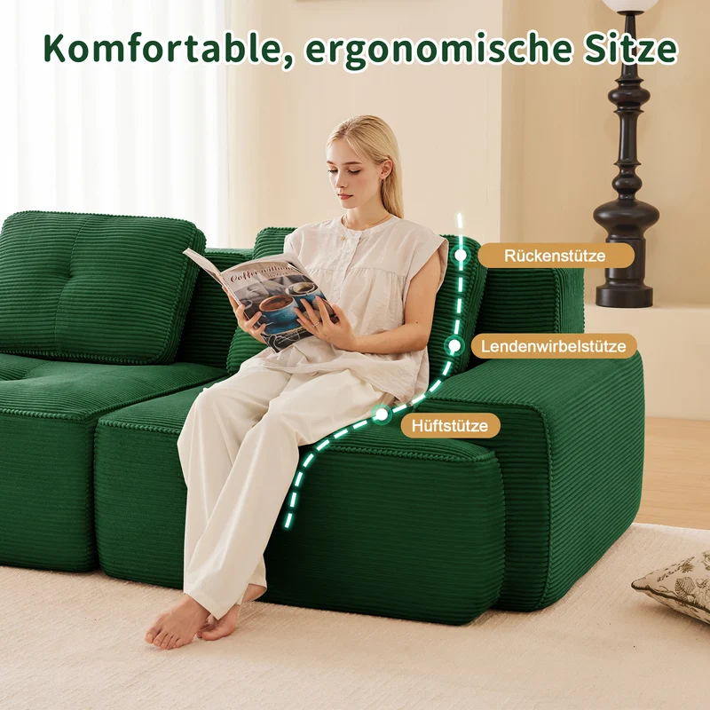 Canapé 3 places modulable en velours côtelé vert sans montage MOMENTUMRIFTZ