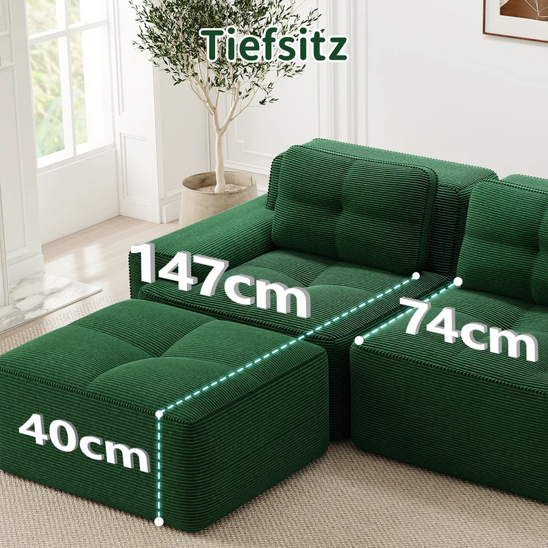 Canapé 3 places modulable en velours côtelé vert sans montage MOMENTUMRIFTZ