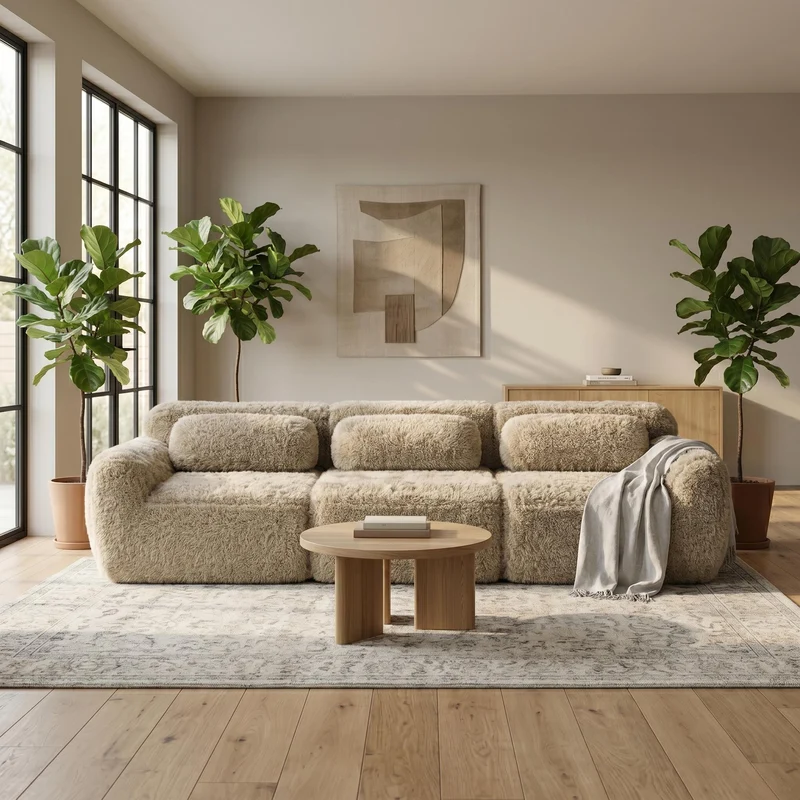 Canapé 3 places en tissu peluche premium beige avec coussins sans montage MOMENTUMCLARRR