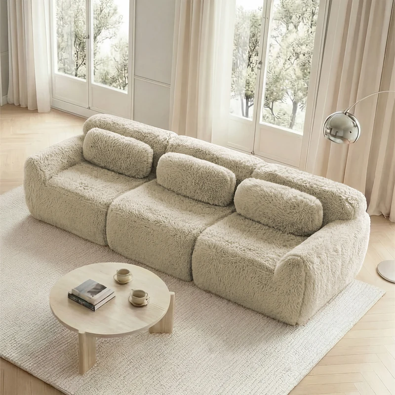 Canapé 3 places en tissu peluche premium beige avec coussins sans montage MOMENTUMCLARRR