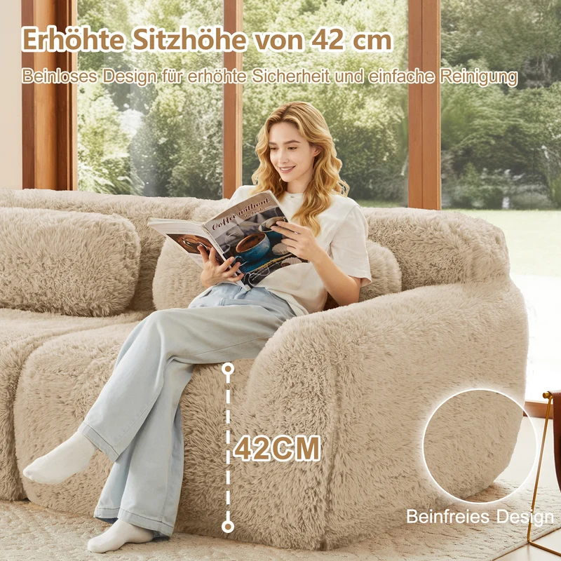 Canapé 3 places en tissu peluche premium beige avec coussins sans montage MOMENTUMCLARRR
