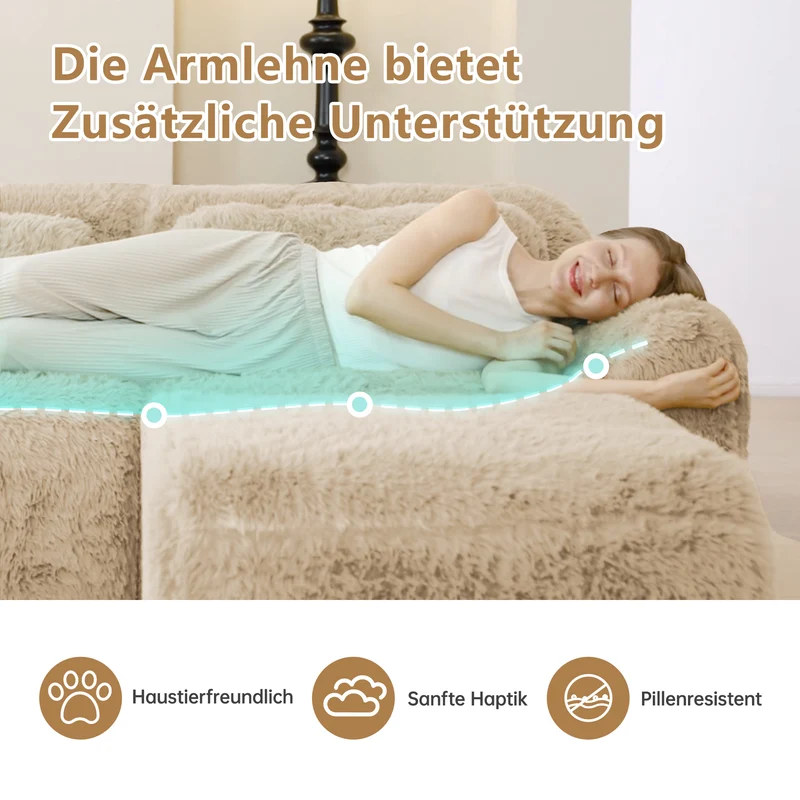 Canapé 3 places en tissu peluche premium beige avec coussins sans montage MOMENTUMCLARRR